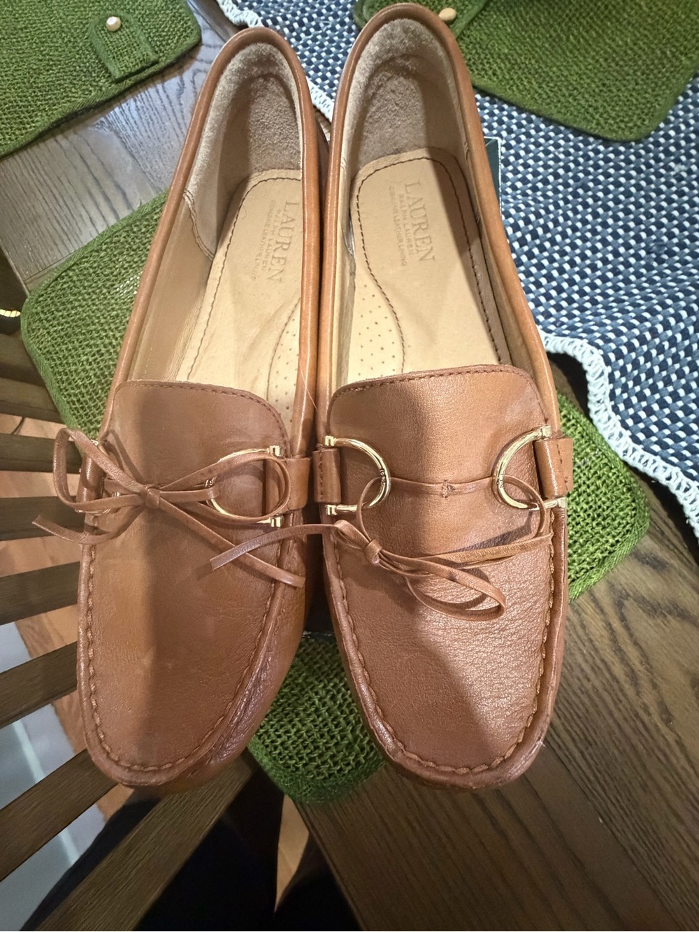 Lauren Ralph Lauren Cognac Leather Moccasin Loafers with Bow & Gold Rings
